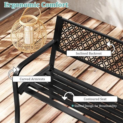 Costway 50" Outdoor Garden Bench With Geometric Lattice Backrest Armrests And Slatted Seat Black/Gray 8 Costway 50" Outdoor Garden Bench With Geometric Lattice Backrest Armrests And Slatted Seat Black/Gray - Image 6