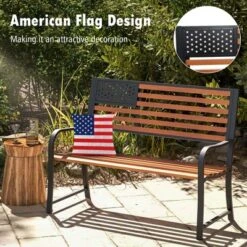 Costway 50" Outdoor Garden Bench With Flag Pattern Backrest & Rustic Wood Grain Finish -Costway GUEST 00fb0377 e788 4495 994a 4acdb753a9d6