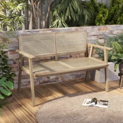 Costway Indonesia Teak Wood Garden Bench 2-Person Bench With Armrests Natural Rattan Backrest & Seat 13 Costway Indonesia Teak Wood Garden Bench 2-Person Bench With Armrests Natural Rattan Backrest & Seat -Costway GUEST 0145c9b6 d58b 429d b384 a6cf1c353a79