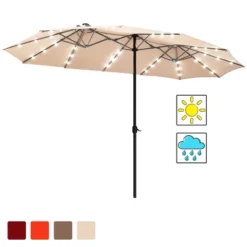 Costway 15Ft Patio Double-Sided Solar LED Market Umbrella Crank BeigeTanOrangeBurgundy