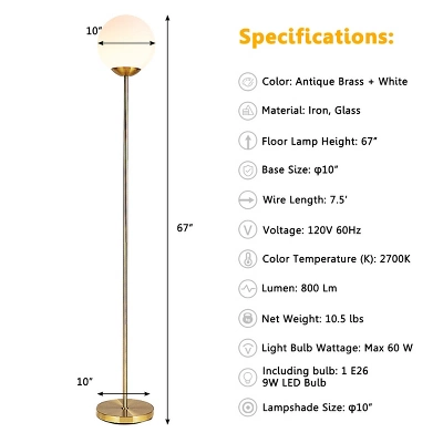 Costway 67'' Frosted Glass Globe Floor Lamp W/ 9W LED Bulb For Living Room Bedroom Office 10 Costway 67'' Frosted Glass Globe Floor Lamp W/ 9W LED Bulb For Living Room Bedroom Office - Image 8