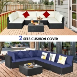 Costway 7PCS Patio Rattan Furniture Set Sectional Sofas Off White & Navy Cushion Covers -Costway GUEST 02ecd001 b681 45ef 8007 7398bd616f33