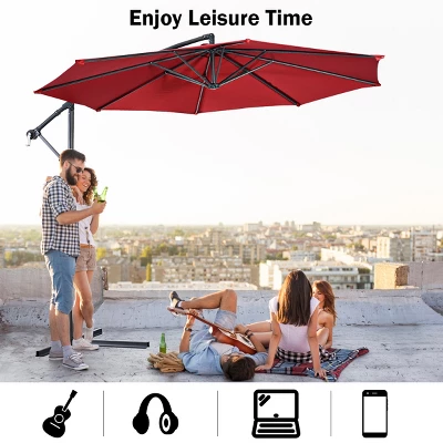 Costway 10' Hanging Umbrella Patio Sun Shade Offset Outdoor Market W/t Cross Base Burgundy 8 Costway 10' Hanging Umbrella Patio Sun Shade Offset Outdoor Market W/t Cross Base Burgundy - Image 6