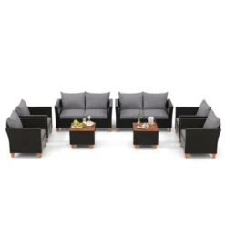 Costway 8 PCS Wicker Patio Furniture Set With Removable Cushions Storage Coffee Table Navy/Gray