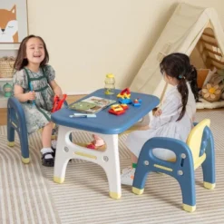 Costway Kids Table And 2 Chairs Set Activity Art Desk With Storage Shelf & Building Blocks