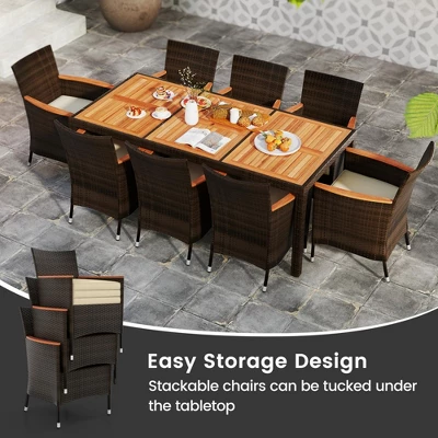 Costway 9PCS Patio Rattan Dining Set Armrest Cushioned Chair With Acacia Wood Table, 1.96" Umbrella Hole 6 Costway 9PCS Patio Rattan Dining Set Armrest Cushioned Chair With Acacia Wood Table, 1.96" Umbrella Hole - Image 4