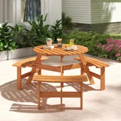 Costway 6-Person Round Picnic Table Set With 3 Built-in Benches 2" Umbrella Hole, Brown/Yellow -Costway GUEST 053ae3b6 3e31 4e3a ba0f f3aa40a10c62
