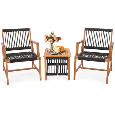 Costway Patio 3pcs Acacia Wood Outdoor Furniture Bistro Set All-Weather Rope Woven 5 Costway Patio 3pcs Acacia Wood Outdoor Furniture Bistro Set All-Weather Rope Woven - Image 3