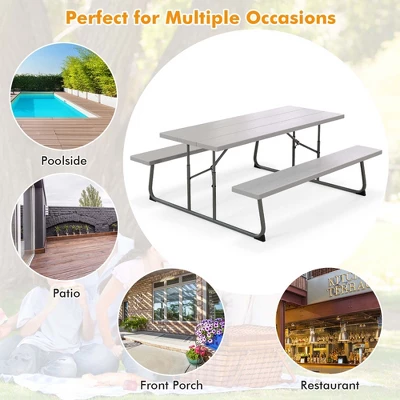 Costway Folding Picnic Table With 2 Benches All Weather Wood-like Tabletop Umbrella Hole Black/Grey/Green/White 7 Costway Folding Picnic Table With 2 Benches All Weather Wood-like Tabletop Umbrella Hole Black/Grey/Green/White - Image 5