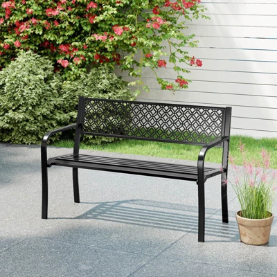 Costway 50" Outdoor Garden Bench With Geometric Lattice Backrest Armrests And Slatted Seat Black/Gray 6 Costway 50" Outdoor Garden Bench With Geometric Lattice Backrest Armrests And Slatted Seat Black/Gray - Image 4