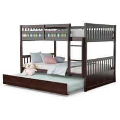 Costway Full Over Full Bunk Bed Platform Wood Bed W/ Trundle & Ladder Rail Brown/White -Costway GUEST 06b9c3d4 7a40 4316 b254 1b21682fd71e