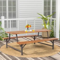 Costway Acacia Wood Patio Picnic Table Bench Set With 71'' Tabletop ļ¼ 2'' Umbrella Hole