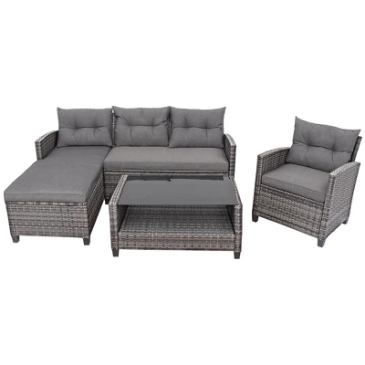 Costway 4PCS Patio Rattan Furniture Set Cushioned Loveseat Table Shelf Gray 11 Costway 4PCS Patio Rattan Furniture Set Cushioned Loveseat Table Shelf Gray - Image 9
