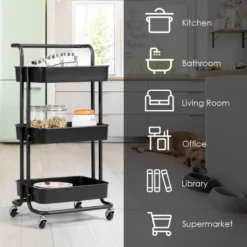 3 Tier Rolling Cart W/Wheels Practical Handle&ABS Storage Basket Organizer Black -Costway GUEST 0a054617 d2b6 4162 b26d 09b632da533e