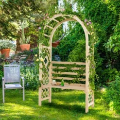 Costway Wooden Garden Bench Arch Pergola Outdoor Arbor W/backrest Patio Trellis Pergola