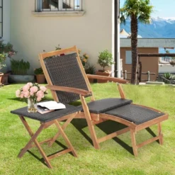 Costway 2PCS Patio Rattan Folding Lounge Chair Table Acacia Wood W/Retractable Footrest -Costway GUEST 0c620eb5 419d 42dd b386 051a5aa06732 1