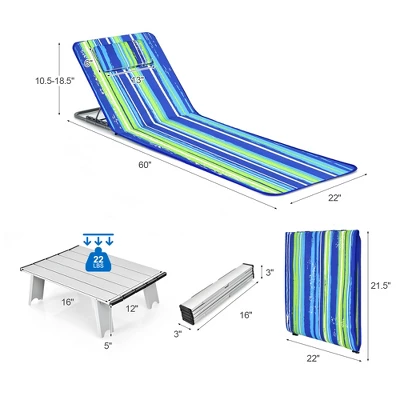 Costway 3-Piece Beach Lounge Chair Mat Set 2 Adjustable Lounge Chairs With Table BlueStripe 9 Costway 3-Piece Beach Lounge Chair Mat Set 2 Adjustable Lounge Chairs With Table BlueStripe - Image 7