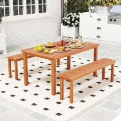 Costway 59" Long Patio Dining Bench With Teak Oil Finish & Slat Seat Accent Entryway Bench -Costway GUEST 0cdc2480 60b9 464c b191 85d637b53ef6