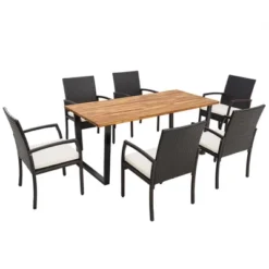 Costway 7 PCS Patio Rattan Dining Set Acacia Wood Table 6 Wicker Chairs With Umbrella Hole -Costway GUEST 0d10bc2d bc40 4677 8d0a 616877a4b4ed