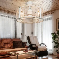 20'' Caged Bladeless Ceiling Fan With Light Reversible Motor & Remote Control