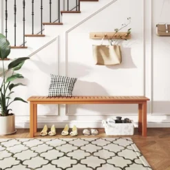 Costway 59" Long Patio Dining Bench With Teak Oil Finish & Slat Seat Accent Entryway Bench -Costway GUEST 0d51366b 45a9 4f80 8eaa 21ed46e1d8d3