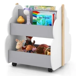 Costway Kids Wooden Bookshelf With Wheels 2-Tier Toy Storage Shelf Double-sided Bookcase Grey/Natural -Costway GUEST 0dfa251d 1465 485e b21e 53d6d39d0eb3