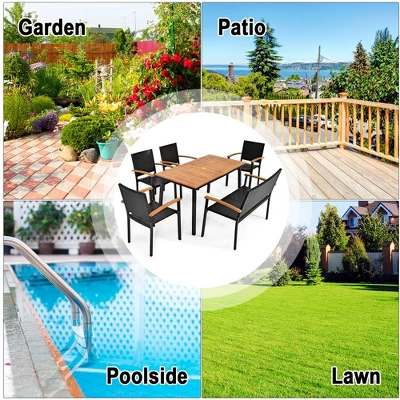 Costway 6 PCS Patio Rattan Dining Set Acacia Wood Table Stackable Chair Bench 6 Costway 6 PCS Patio Rattan Dining Set Acacia Wood Table Stackable Chair Bench - Image 4