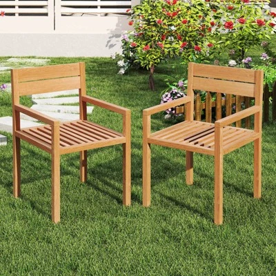 Costway 1/2/4 PCS Outdoor Teak Wood Chair Patio Dining Armchair With Slatted Seat & Backrest 3 Costway 1/2/4 PCS Outdoor Teak Wood Chair Patio Dining Armchair With Slatted Seat & Backrest
