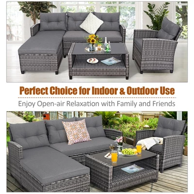 Costway 4PCS Patio Rattan Furniture Set Cushioned Loveseat Table Shelf Gray 6 Costway 4PCS Patio Rattan Furniture Set Cushioned Loveseat Table Shelf Gray - Image 4