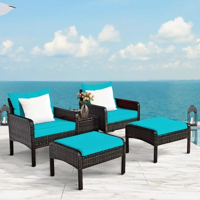 Costway 5 PCS Patio Rattan Furniture Set Sofa Ottoman Table Cushioned Turquoise 4 Costway 5 PCS Patio Rattan Furniture Set Sofa Ottoman Table Cushioned Turquoise - Image 2