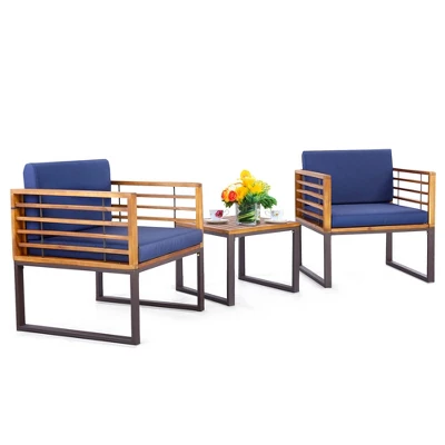 Costway 3pcs Patio Acacia Wood Bistro Conversation Cushioned Chair & Table Set Outdoor 9 Costway 3pcs Patio Acacia Wood Bistro Conversation Cushioned Chair & Table Set Outdoor - Image 7