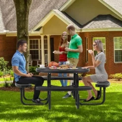 Costway 45" Coated Steel Camping Table Outdoor Round Picnic Table & Bench Set For 8 Black -Costway GUEST 0f3e0a19 8141 44ab 8c9f c5ec274acada