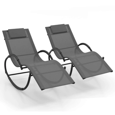 Costway 1/2 PCS Outdoor Rocking Lounge Chair With Removable Headrest Breathable Backrest & Seat Grey 13 Costway 1/2 PCS Outdoor Rocking Lounge Chair With Removable Headrest Breathable Backrest & Seat Grey - Image 11