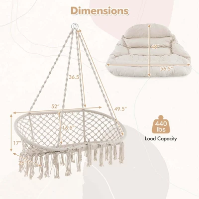 Costway Swing Chair Hand-Woven Rope Hanging Chair With Thick Cushion & Folding Metal Frame 4 Costway Swing Chair Hand-Woven Rope Hanging Chair With Thick Cushion & Folding Metal Frame - Image 2