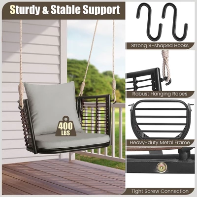 Costway Patio Hanging Rattan Basket Chair Swing Hammock Chair With Seat Cushion Navy/Grey/Beige 7 Costway Patio Hanging Rattan Basket Chair Swing Hammock Chair With Seat Cushion Navy/Grey/Beige - Image 5