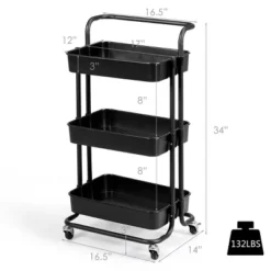 3 Tier Rolling Cart W/Wheels Practical Handle&ABS Storage Basket Organizer Black