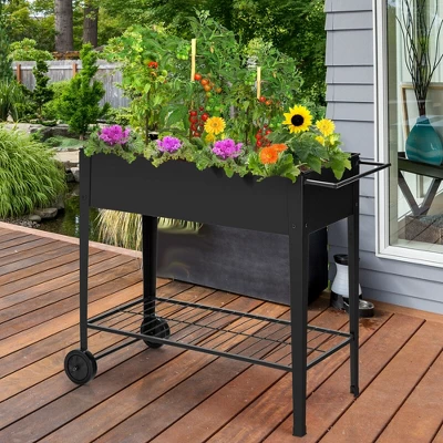 Costway Raised Garden Bed Elevated Planter Box On Wheels Steel Planter W/Shelf 4 Costway Raised Garden Bed Elevated Planter Box On Wheels Steel Planter W/Shelf - Image 2