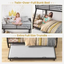 Costway Twin Over Full Metal Bunk Bed With Trundle Slats Support For Teens Adults Black -Costway GUEST 132543c6 f3db 4c77 9de9 f11e6af3c1a9