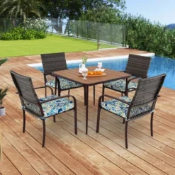 Costway 5 PCS Patio Dining Set With Wood-Plastic Tabletop & Umbrella Hole For Backyard