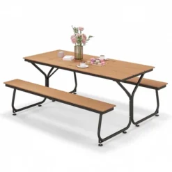 Costway 6FT Picnic Table Bench Set Outdoor HDPE Heavy-Duty Table For 6-8 Person Brown/Grey -Costway GUEST 151b4074 84e8 485f 8c2f ff4ea092fe68