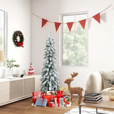 Costway 4 FT/5FT/6FT Pre-Lit Slim Christmas Tree Flocked Xmas Decoration 11 Modes 100 LED Lights 6 Costway 4 FT/5FT/6FT Pre-Lit Slim Christmas Tree Flocked Xmas Decoration 11 Modes 100 LED Lights - Image 4