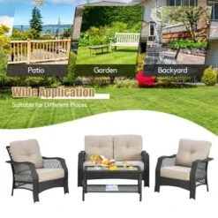 Costway 4PCS Patio Wicker Furniture Set Loveseat Sofa Coffee Table W/ Cushion -Costway GUEST 159891f9 860c 469e 9e56 233f4949b078