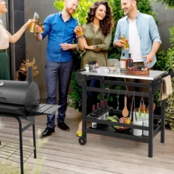 Costway Movable Outdoor Dining Cart Table With Stainless Steel Tabletop, Seasoning Tray -Costway GUEST 16e3fcd4 e549 425b 9a4d bc1987d56f12