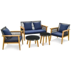 Costway 5PCS Outdoor Rattan Woven Conversation Set Stable Acacia Wood Frame For Backyard Navy/Beige -Costway GUEST 16ed7fe5 7fd8 44d5 a0cb 492a4455aea6