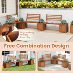 Costway 1/2 PCS Planter Box With Bench 2 Open-ended Planter Boxes Slat Backrest For Patio