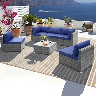 Costway 6 PCS Patio Conversation Sofa Set Outdoor Rattan Furniture Cushioned Seat Navy 3 Costway 6 PCS Patio Conversation Sofa Set Outdoor Rattan Furniture Cushioned Seat Navy