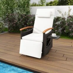Costway Outdoor 360° Swivel Rattan Recliner Chair Patio Wicker Chaise Lounge Chair Beige/Navy -Costway GUEST 1888ab10 2510 43ed 8974 be6b3604387f