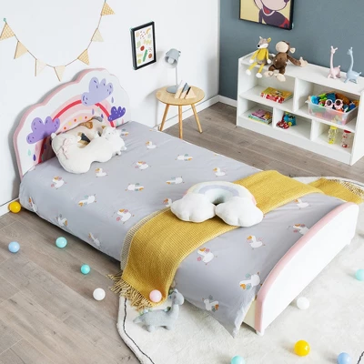 Costway Kids Upholstered Platform Bed Children Twin Size Wooden Bed Rainbow Pattern 3 Costway Kids Upholstered Platform Bed Children Twin Size Wooden Bed Rainbow Pattern