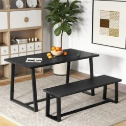 Costway 56.5"L Large Wood Dining Bench With Metal Frame Adjustable Footpads For Kitchen Black/Coffee