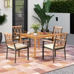 Costway 5 PCS Patio Acacia Wood Dining Set With Soft Seat Cushions Umbrella Hole For Yard -Costway GUEST 1b906be7 7900 448f 9548 9f27689d9c2d